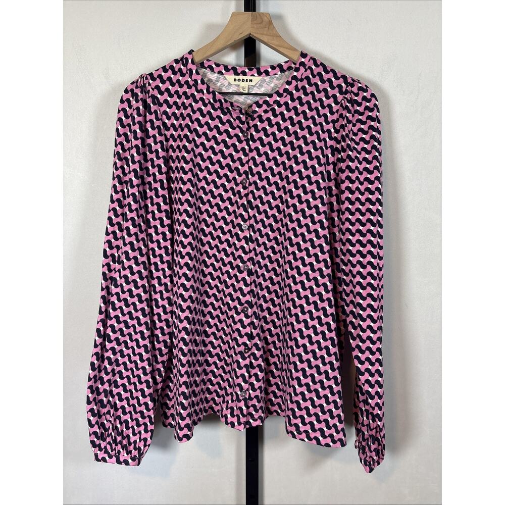 Boden Marina Button Up Shirt Women's 14 Pink Geometric 100% Cotton Jersey Preppy